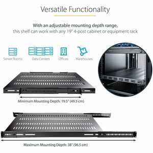 StarTech.com 1U 4-Post 19.5 to 38in Adjustable Mounting Depth Vented Rack Mount Shelf - Heavy Duty Fixed Rack Shelf - 330l