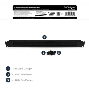 StarTech.com 1U Brush Strip Horizontal Server Rack Cable Management Panel - Cable Management Panel - 482.6 mm Length - 1U 