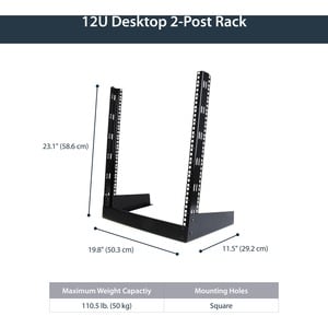 StarTech.com Open frame rack - 12U 19in - 2 post rack - desktop open rack - Steel - 50 kg Maximum Weight Capacity