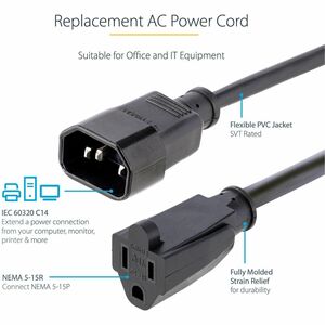 StarTech.com Cable de 0.3m de Extensión de Alimentación, IEC 320 C14 a NEMA 5-15R, 10A 125V, 18AWG, Cable de Corriente par
