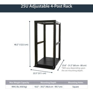 StarTech.com 4 Post Open Frame Rack - 25U Rack Cabinet - Heavy Gauge Mounting Rails - Open Frame - Server Rack (4POSTRACK2
