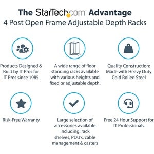 StarTech.com 25U Adjustable Depth Open Frame 4 Post Server Rack w/ Casters / Levelers and Cable Management Hooks - Store y