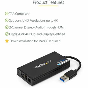StarTech.com USB 3.0 to 4K HDMI External Multi Monitor Graphics Adapter â€" DisplayLink Certified â€" USB 3.0 Video Card â