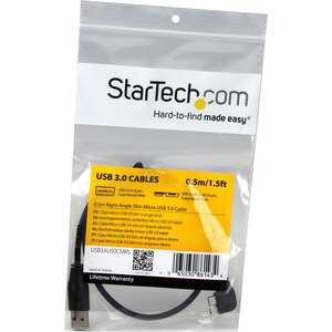 StarTech.com 0.5m 20in Slim Micro USB 3.0 (5Gbps) Cable - M/M - USB 3.0 A to Right-Angle Micro USB - USB 3.2 Gen 1 - Posit