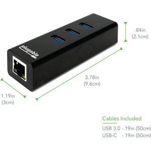 Plugable USB Hub with Ethernet, 3 Port USB 3.0 Bus Powered Hub with Gigabit Ethernet - Compatible with Windows, MacBook, L