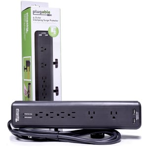 Plugable 6 AC Outlet Surge Protector with Clamp Mount for Workbench or Desk - Built-In 10.5W 2-Port USB Power for Android,