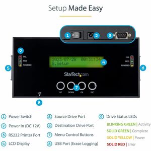 StarTech.com 1:1 Standalone Hard Drive Duplicator and Eraser, SAS/SATA HDD/SSD Cloner/Copier and Disk Eraser/Sanitizer/Wip