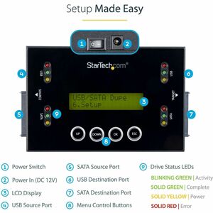 StarTech.com Duplicateur et Effaceur de Disque Dur Autonome 1:1, Cloneur et Effaceur de HDD/SSD SATA et de Clé USB, Indépe