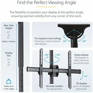 StarTech.com Ceiling TV Mount - 3.5' to 5' Pole - 32 to 75" TVs with a weight capacity of up to 110 lb. (50 kg) - Telescop