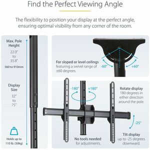 StarTech.com Ceiling TV Mount - 1.8' to 3' Short Pole - 32 to 75" TVs with a weight capacity of up to 110 lb. (50 kg) - Te