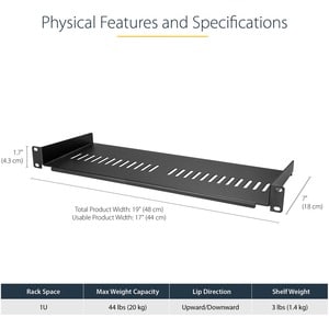 StarTech.com 1U Vented Server Rack Cabinet Shelf - Fixed 7in Deep Cantilever Rackmount Tray for 19" Data/AV/Network Enclos