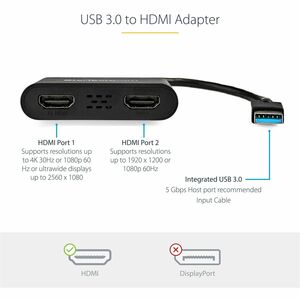 StarTech.com USB 3.0 to Dual HDMI Adapter, 1x 4K & 1x 1080p, External Graphics Card, USB Type-A Dual Monitor Display Adapt