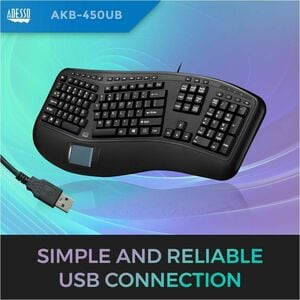 Adesso Tru-Form Ergonomic Touchpad Keyboard - Cable Connectivity - USB Interface - 104 Key Play/Pause, Previous Track, Nex