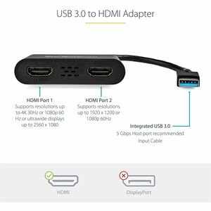 StarTech.com USB 3.0 to Dual HDMI Adapter, USB to 2x HDMI Monitor Converter for Windows (no support for macOS/ChromeOS/Lin