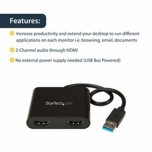 StarTech.com USB 3.0 to Dual HDMI Adapter, 1x 4K & 1x 1080p, External Graphics Card, USB Type-A Dual Monitor Display Adapt