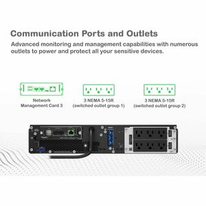 APC Smart-UPS On-Line, 1500VA, Rackmount 2U, 120V, 6x 5-15R NEMA outlets, Network Card, Extended runtime, W/ rail kit - 2U