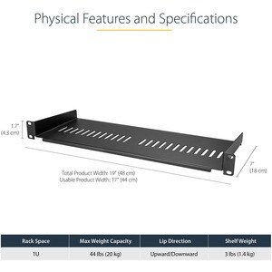 StarTech.com CABSHELF1U7V. Typ: Regalboden, Gehäusematerial: Stahl, Produktfarbe: Schwarz. Menge pro Packung: 1 Stück(e). 