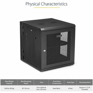 StarTech.com Armoire Réseau Murale 12U à 4 Montants, Baie de Serveur Murale 19" à Charnières pour Équipement IT, Armoire R