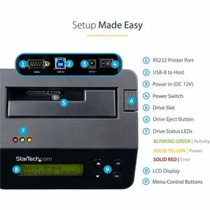 StarTech.com Hard Drive Eraser - for 2.5in / 3.5in SATA SSD/HDD - 4Kn Support - Standalone - Integrated LCD - Hard Drive D
