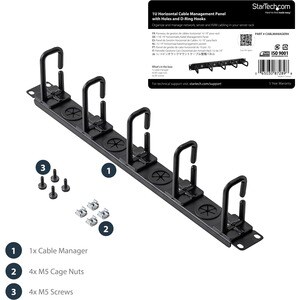 StarTech.com Server Rack Cable Management - with Holes - 1U - D-Ring Hooks - Horizontal - Cable Organizer - Cord Managemen