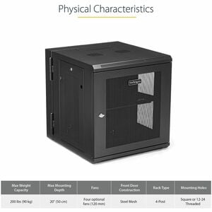 StarTech.com 4-Post 12U Wall Mount Network Cabinet, 19" Hinged Wall-Mounted Server Rack for IT Equipment, Flexible Lockabl