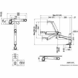 Amer Mounts Mounting Arm for Flat Panel Display, LCD Monitor, LED Monitor, Monitor - White - Landscape/Portrait - TAA Comp