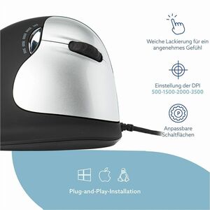 R-Go HE Mouse - USB 2.0 - 4 Button(s) - Black - 1 Pack - Cable - 2500 dpi - Scroll Wheel - Large Hand/Palm Size - Right-ha