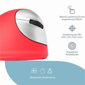 R-Go HE Sport Mouse - Bluetooth - 5 Button(s) - Red - 1 Pack - Wireless - 2400 dpi - Scroll Wheel - Medium Hand/Palm Size 