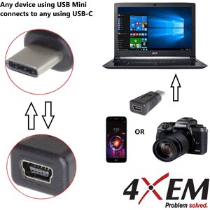 4XEM USB Type-C to USB Type-B Mini Adaptor - 1 x Type C USB 2.0 USB Male - 1 x Type B USB 2.0 Mini USB Female - Black - 1