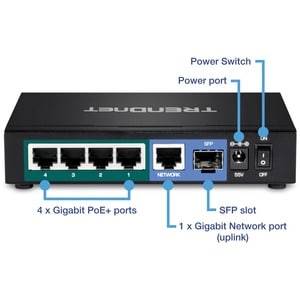 TRENDnet 6-port Gigabit Poe+ Switch; TPE-TG611; 4 X Gigabit Poe+ Ports; 1 X Gigabit Port; 1 X SFP Slot; Supports 100/1000B