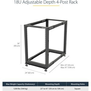 StarTech.com 4-Post 18U Mobile Open Frame Server Rack, 19" Network Rack with Casters, Rolling Rack for Computer/AV/Data/IT