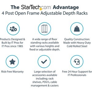 StarTech.com 4-Post 15U Mobile Open Frame Server Rack, 19" Network Rack with Casters, Rolling Rack for Computer/AV/Data/IT