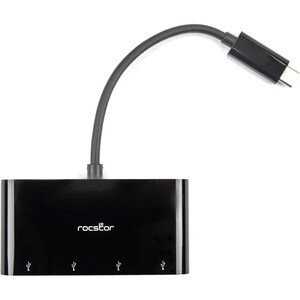 Rocstor Premium Portable 4 Port Hub - USB-C to 4x USB-A Slim Hub - USB 3.0 Hub - Bus Powered - Black - USB C to USB Type-A