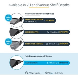StarTech.com 2U 19" 2-Post Network Rack Shelf 20in Deep Center Mount Cantilever Tray Rackmount for AV/Data Equipment 75lb 