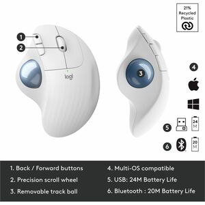 Logitech ERGO M575 Wireless Trackball - Optical - Bluetooth - 2.40 GHz - Off White - USB - 2000 dpi - Scroll Wheel - 5 But