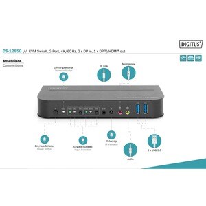 Digitus DS-12850 KVM Switchbox - 2 Computer(s) - 1 Local User(s) - 4096 x 2160 - 6 x USB - 1 x HDMI - 3 x DisplayPort - De