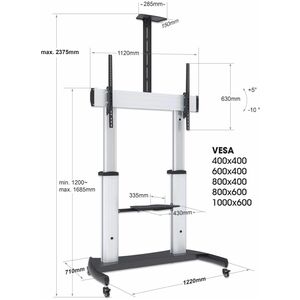 SOPORTE DE TV TIPO CARRO ALTURA AJUSTABLE PANTALLA 60" A 100"PLATEADO Y NEGRO - 100kg Capacidad - 4 Ruedas - Aluminio - 70