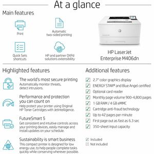 HP LaserJet Enterprise M406dn Desktop Laser Printer - Monochrome - 40 ppm Mono - 1200 x 1200 dpi Print - Automatic Duplex 