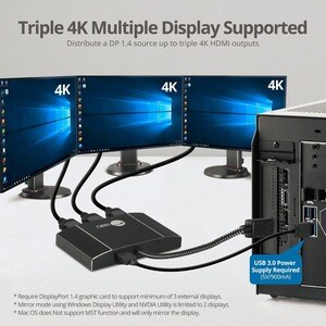8K 1x3 DisplayPort 1.4 to HDMI MST Hub Splitter - 3 Port - 32.4Gbps Bandwidth - Supports 4K HDR and HDCP 2.2
