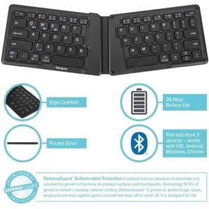 Targus Ergonomic Foldable Bluetooth Antimicrobial Keyboard - Wireless Connectivity - Bluetooth/RF - 2.40 GHz - English (US