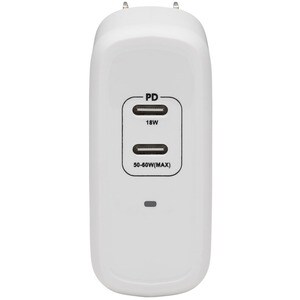 Eaton Tripp Lite Series Dual-Port Compact USB-C Wall Charger - GaN Technology, 68W PD Charging (50W+18W), White - 120 V AC