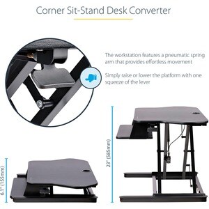 Bureau Coin Convertible Assis/Debout - Tiroir Clavier - Grande Surface (89 x 53cm) - Hauteur Réglable - Double Écran - 76,