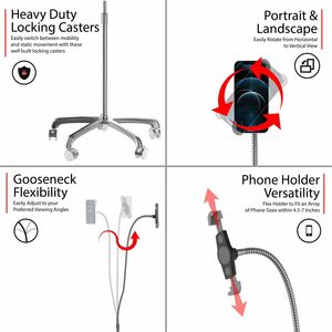CTA Digital Heavy-Duty Rolling Floor Stand with Gooseneck and Phone Holder - Up to 7" Screen Support - 58" Height - Floor 