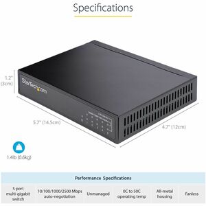 StarTech.com Unmanaged 2.5G Switch, 5 Port 2.5GBASE-T Unmanaged Ethernet Switch, Din Rail | Wall Mount, Multi-Gigabit, Aut