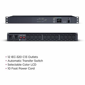 CyberPower PDU24004 Single Phase 200 - 240 VAC 15A Metered ATS - 12 Outlets, 10 ft, 2 x IEC-320 C14, Horizontal, 1U, LCD, 