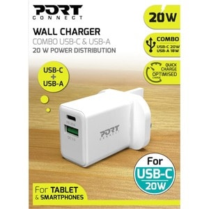 Port Connect 20 W AC Adapter - 1 Pack - For Tablet PC, Smartphone, USB Type A Device, USB Type C Device - 120 V AC, 230 V 