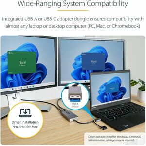 StarTech.com USB to Dual HDMI Adapter, USB A/C to 2x HDMI Displays (1x 4K30, 1x 1080p), USB 3.0 to HDMI Converter, 4in/11c