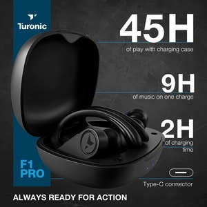 Turonic F1 Pro Wireless Earbuds,45H Playtime,Charging case, Mic, IPX7 Headphones - True Wireless - Bluetooth - 33 ft - Ear