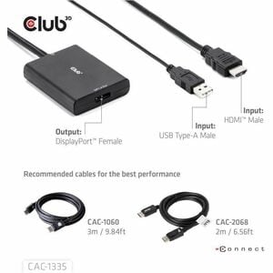 Club 3D HDMI + USB Bus powered to DisplayPort 4K120Hz or 8K30Hz M/F Adapter - 1 x HDMI Digital Audio/Video - Male, 1 x USB