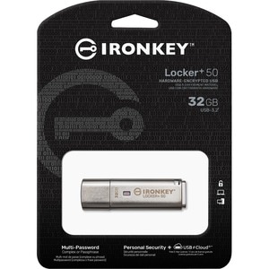 IronKey Locker+ 50 USB Flash Drive - 32 GB - USB 3.2 (Gen 1) Type A - 145 MB/s Read Speed - 115 MB/s Write Speed - Silver 